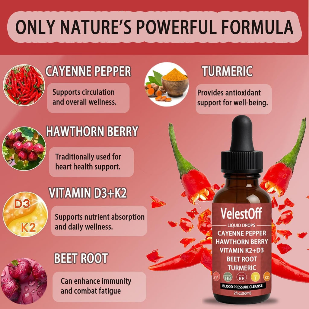 Velestoff Cayenne Pepper & Cayenne Pepper Drops Liquid Supplement with Hawthorn, Beet Root, Turmeric, Vitamin K2 D3