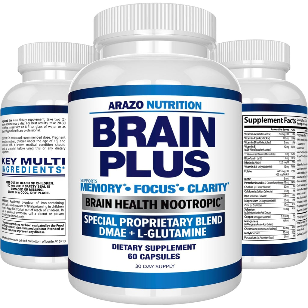 Arazo Nutrition Premium Brain Function Supplement – Memory, Focus, Clarity – Nootropic Booster with DMAE, Bacopa Monnieri, L-Glutamine, Multi Vitamins, Multi Minerals