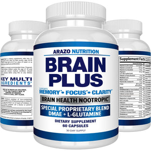 Arazo Nutrition Premium Brain Function Supplement – Memory, Focus, Clarity – Nootropic Booster with DMAE, Bacopa Monnieri, L-Glutamine, Multi Vitamins, Multi Minerals