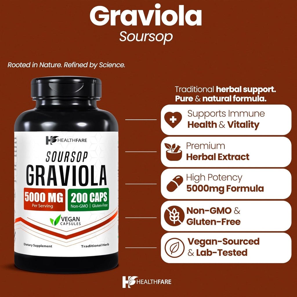 Healthfare Graviola Soursop Extract 5000Mg | Annona Muricata | 200 Vegan Capsules | High Potency Leaf & Fruit Blend | Non-Gmo | Gluten-Free | Made in USA