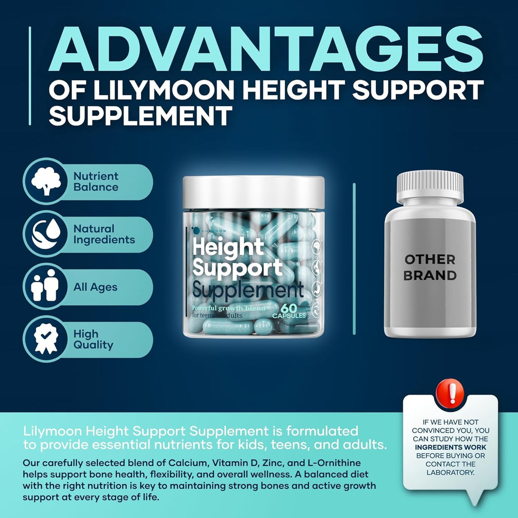 Height & Bone Support Supplement - Premium Height Growth Supplement for Kids & Teens with Calcium - Nutritional Support Bone Health Formula - Height Increase Essential Vitamins - 60 Caps