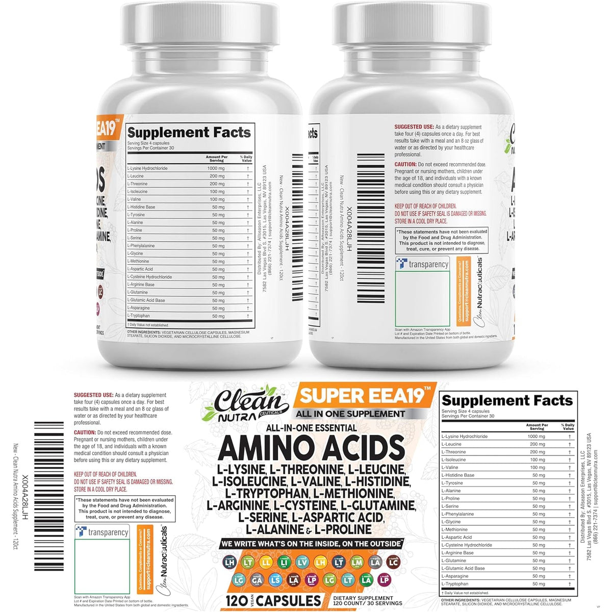 Clean Nutraceuticals Amino Acids Supplement L-Lysine, L-Threonine, L-Leucine, Isoleucine, Valine, L-Histidine, L-Tryptophan, L-Methionine, L-Arginine, L-Cysteine, L-Glutamine, L-Serine, Aspartic Acid