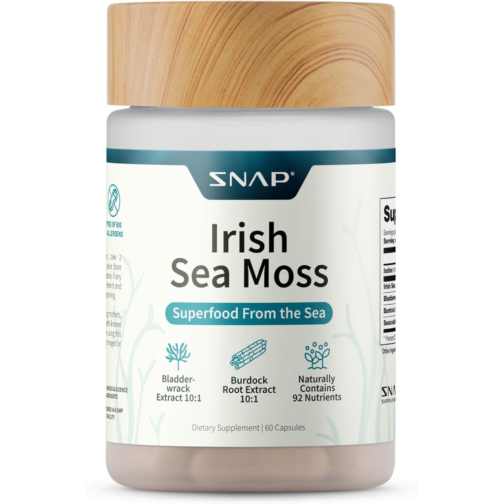 Snap Supplements Irish Sea Moss with Bladderwrack, Burdock Root & Iodine – Natural Sea Moss Supplement to Support Gut Health, Energy & Healthy-Looking Skin, 60 Vegan Capsules (1 Month Supply)