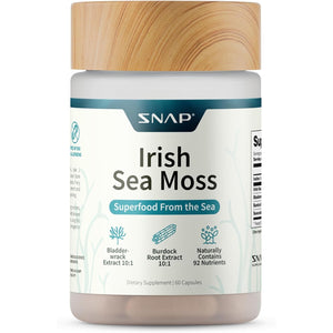 Snap Supplements Irish Sea Moss with Bladderwrack, Burdock Root & Iodine – Natural Sea Moss Supplement to Support Gut Health, Energy & Healthy-Looking Skin, 60 Vegan Capsules (1 Month Supply)