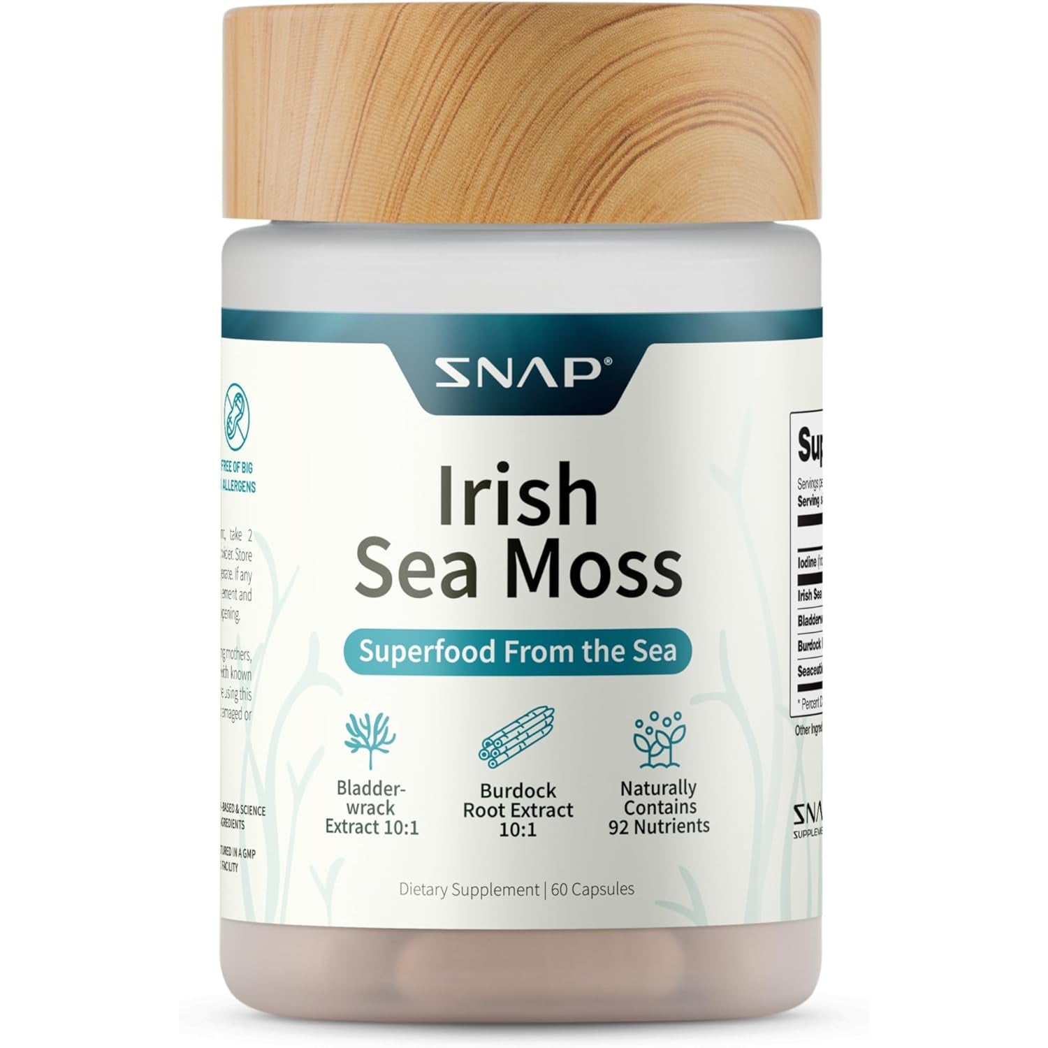 Snap Supplements Irish Sea Moss with Bladderwrack, Burdock Root & Iodine – Natural Sea Moss Supplement to Support Gut Health, Energy & Healthy-Looking Skin, 60 Vegan Capsules (1 Month Supply)