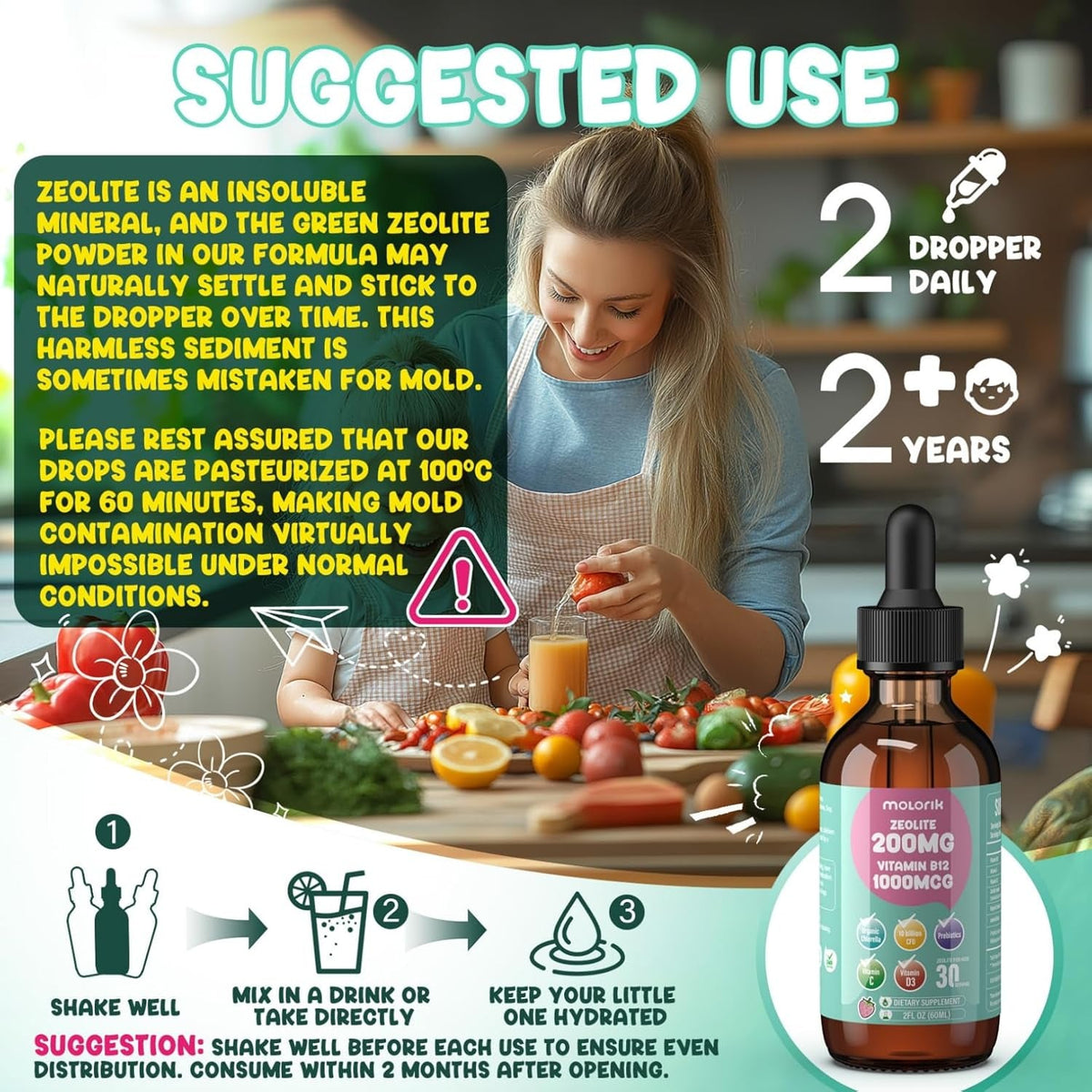 Zeolite Detox for Kids and Adults, 200Mg Zeolite Liquid Drops with 1000Mcg Vitamin B12, Organic Chlorella, 10 Billion CFU & Prebiotics for Gut Support & Speech, Immune, Bone, Energy*, Strawberry, 60ML