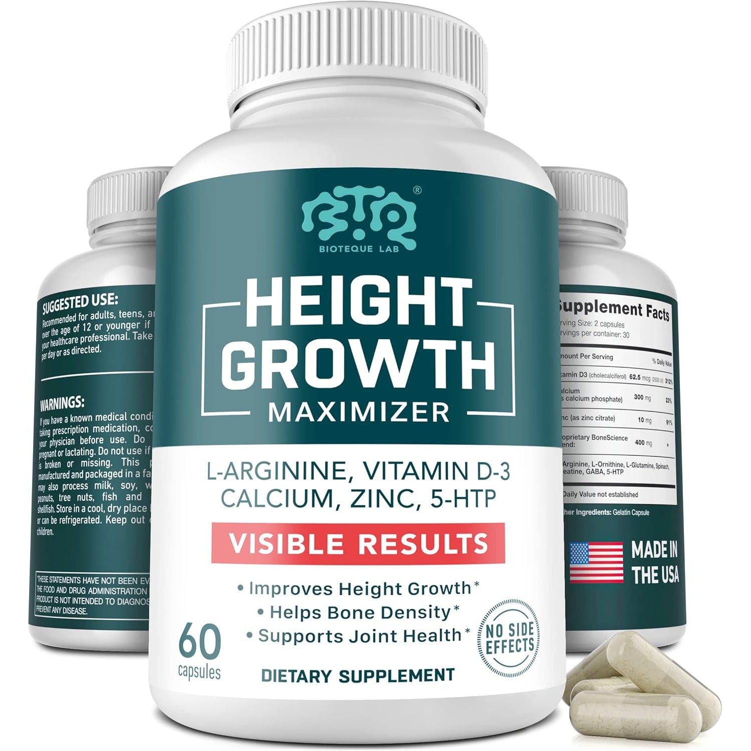 BIOTEQUELAB Height Growth Maximizer, Calcium, Vitamin D3 and Zinc Blend Pills, Bone Growth Supplement for Kids and Teens, Bone Strength, Density Support, Gmo-Free, Gluten-Free, Made in USA, 60 Caps