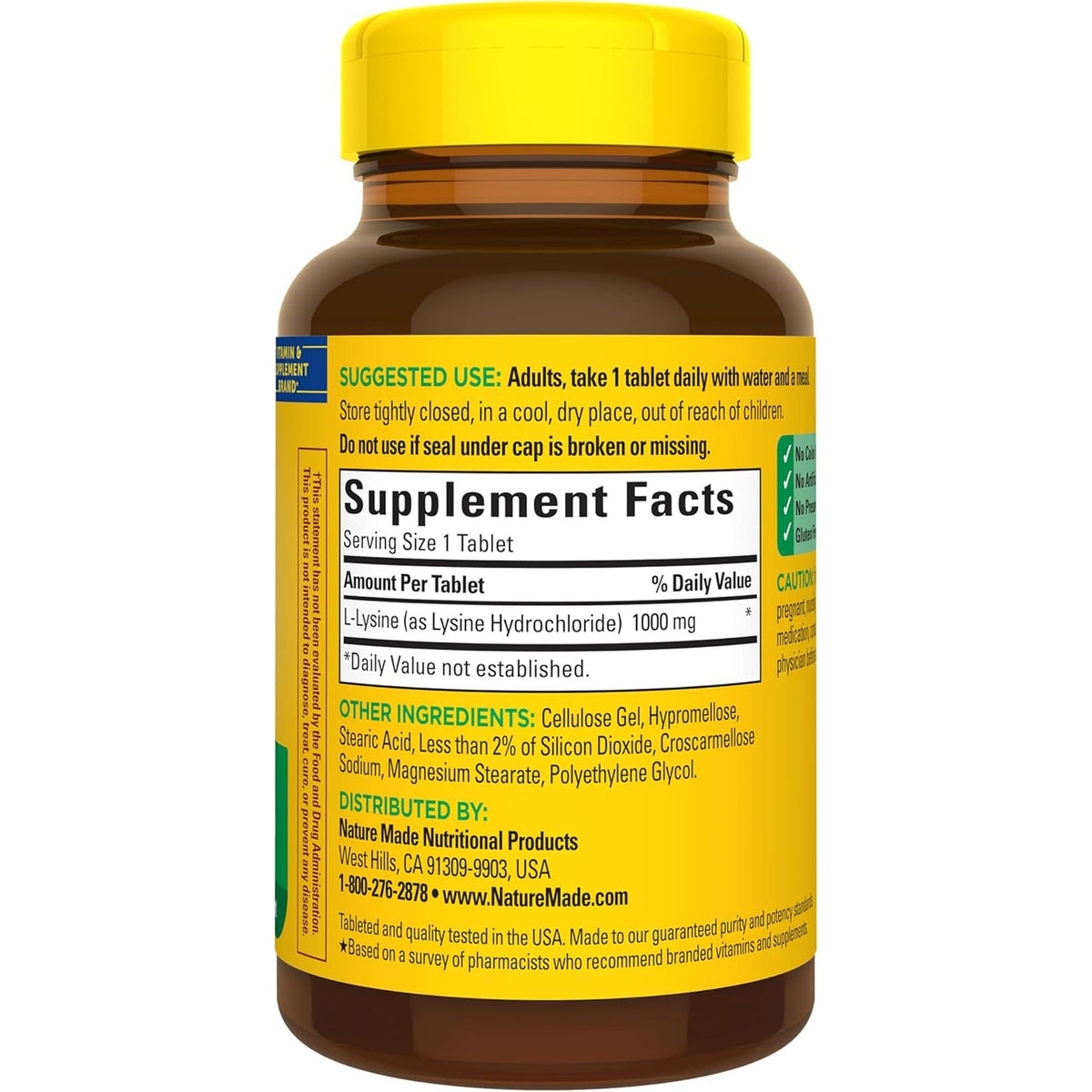 Nature Made L-Lysine 1000 Mg, Dietary L-Lysine Supplements, 60 Tablets, 60 Day Supply