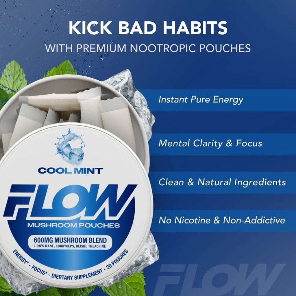 Flow Pouches Mushroom Nootropic Pouches - 600Mg Organic Mushroom Energy Ultra Pouches with Lion'S Mane, Reishi, Cordyceps for Focus & Clean Energy - Zero Caffeine or Sugar (5 Can Pack, Cool Mint)