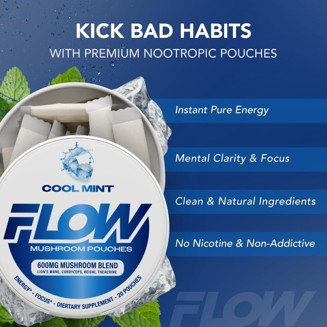 Flow Pouches Mushroom Nootropic Pouches - 600Mg Organic Mushroom Energy Ultra Pouches with Lion'S Mane, Reishi, Cordyceps for Focus & Clean Energy - Zero Caffeine or Sugar (5 Can Pack, Cool Mint)