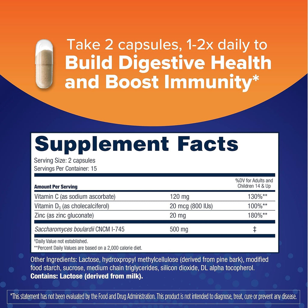 Florastor Advanced Immunity Boost Daily Probiotic & Immune Support Supplement for Women and Men, Saccharomyces Boulardii CNCM I-745 plus Zinc, Vitamin C & D3 (30 Capsules)