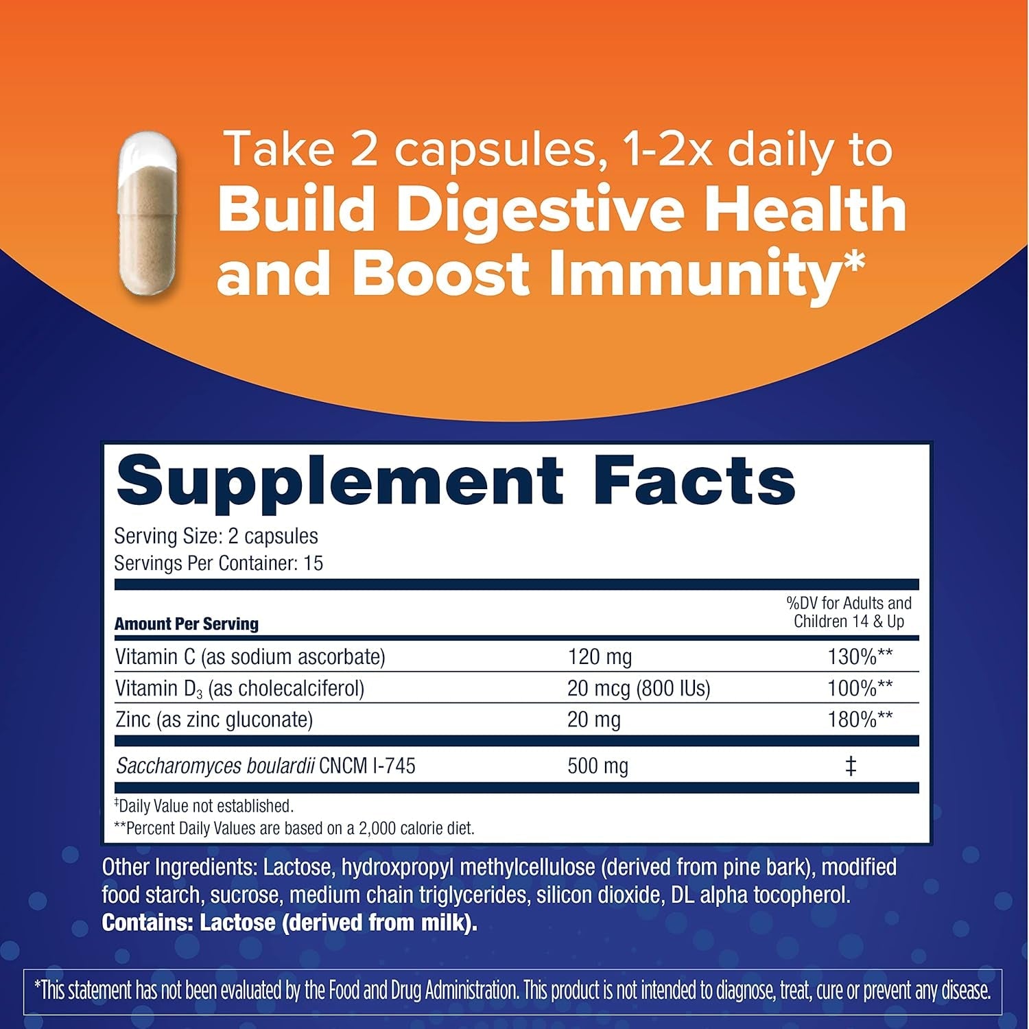 Florastor Advanced Immunity Boost Daily Probiotic & Immune Support Supplement for Women and Men, Saccharomyces Boulardii CNCM I-745 plus Zinc, Vitamin C & D3 (30 Capsules)