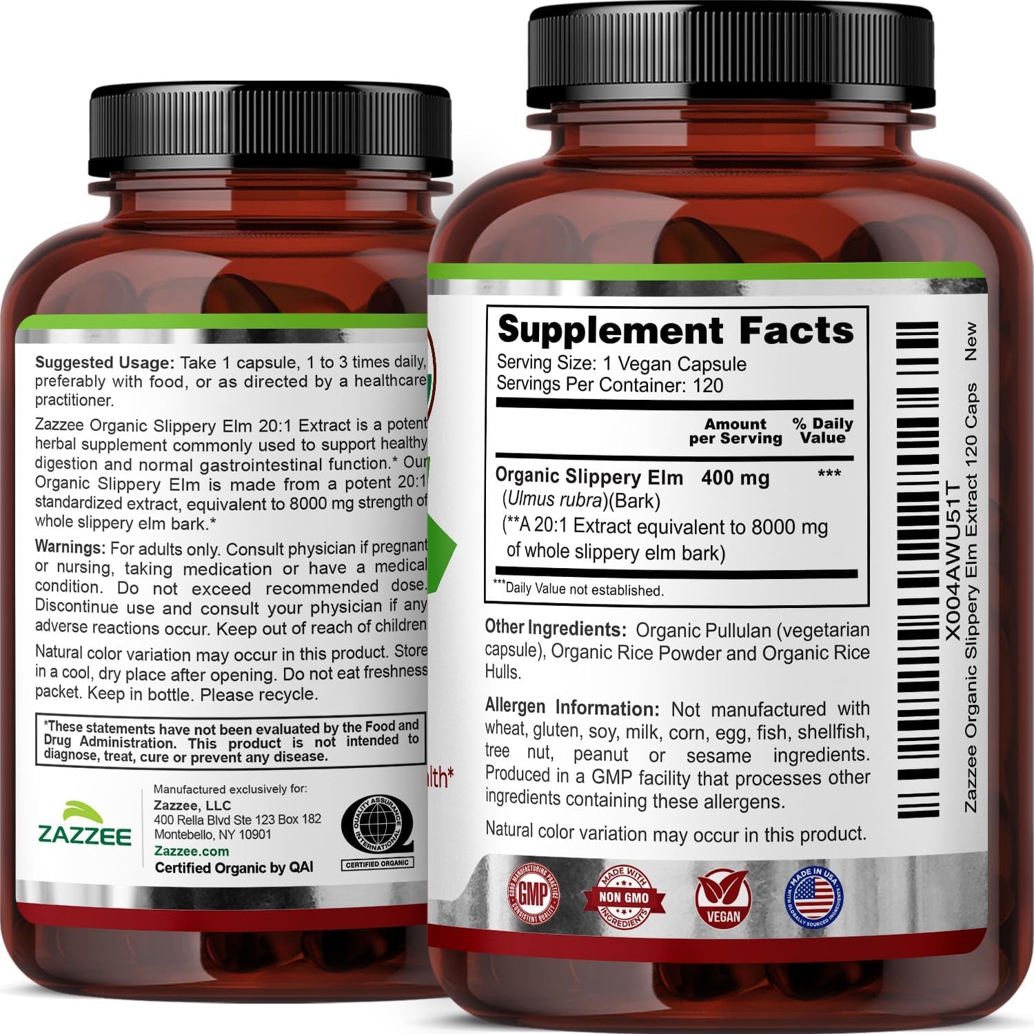 Zazzee USDA Organic Slippery Elm Bark 20:1 Extract, 120 Vegan Capsules, 4 Month Supply, Ulmus Rubra, Digestive, Throat & Mucosal Support, Herbal Supplement, All-Natural, Non-Gmo, Made in the USA