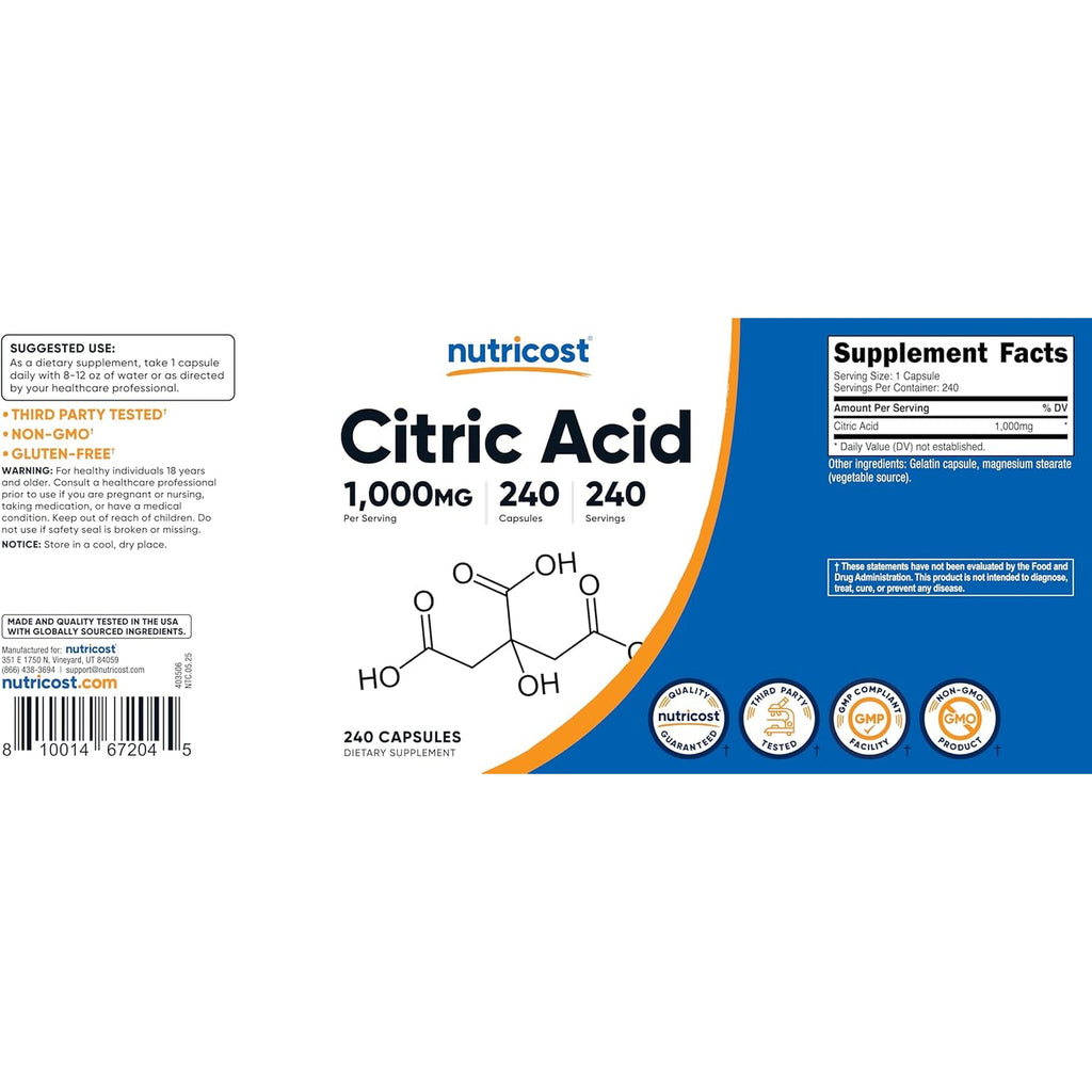 Nutricost Citric Acid 1000Mg (1 Gram), 240 Capsules - Gluten Free, Non-Gmo