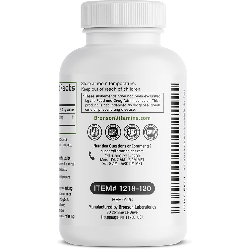 Bronson Melissa Lemon Balm Extra Strength, Non-Gmo, 120 Vegetarian Capsules
