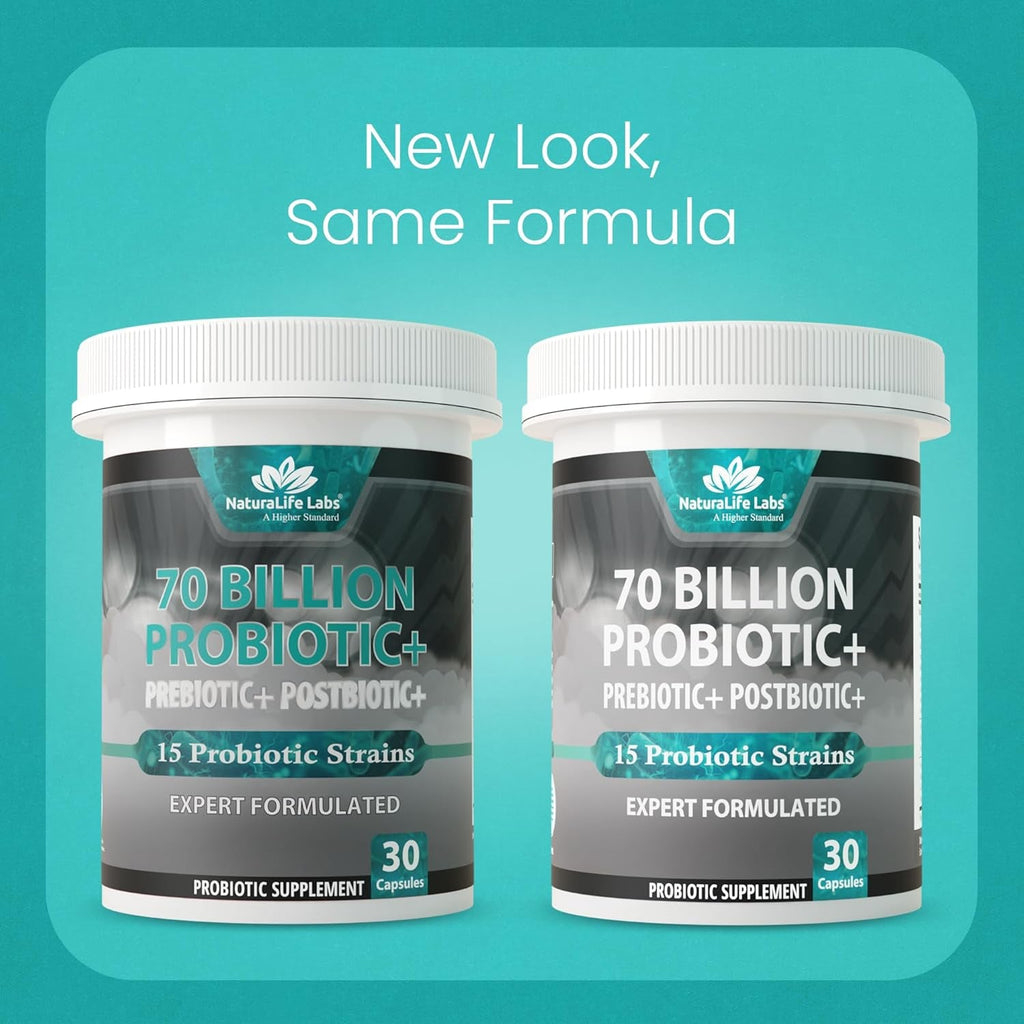 Naturalife Labs Probiotics 70 Billion CFU – 15 Strains + Organic Prebiotic & Postbiotic 3-In-1 – Gut & Digestive Support – Supports Occasional Bloating – Women & Men – Vegan & Shelf Stable – 30 Caps