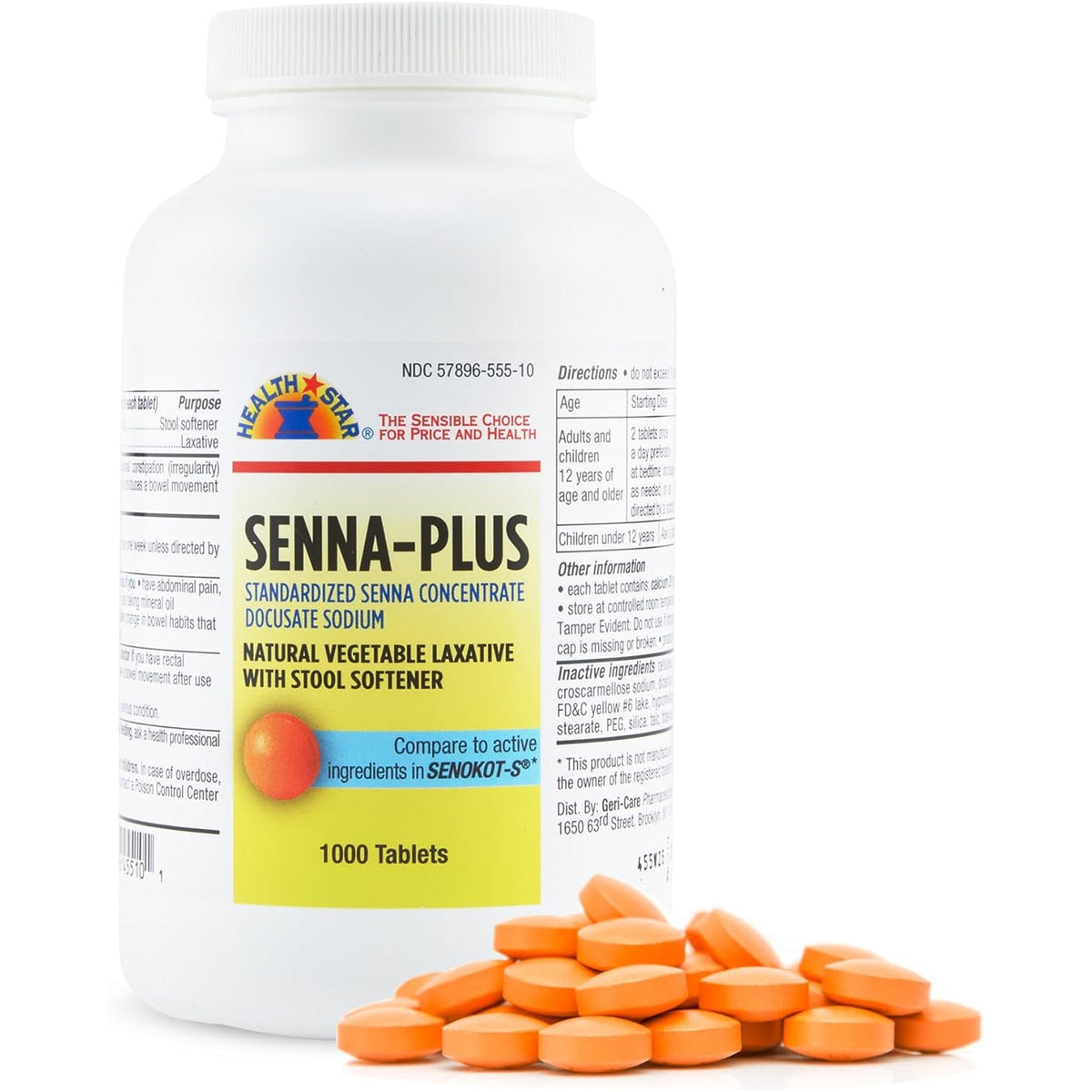 Health Star Senna plus Laxative & Stool Softener Tablets 50Mg / 8.6Mg Strength Natural Vegetable Stimulant Laxative| Gentle Constipation Relief| Docusate Sodium for Bowel Movement (1,000 Tablets