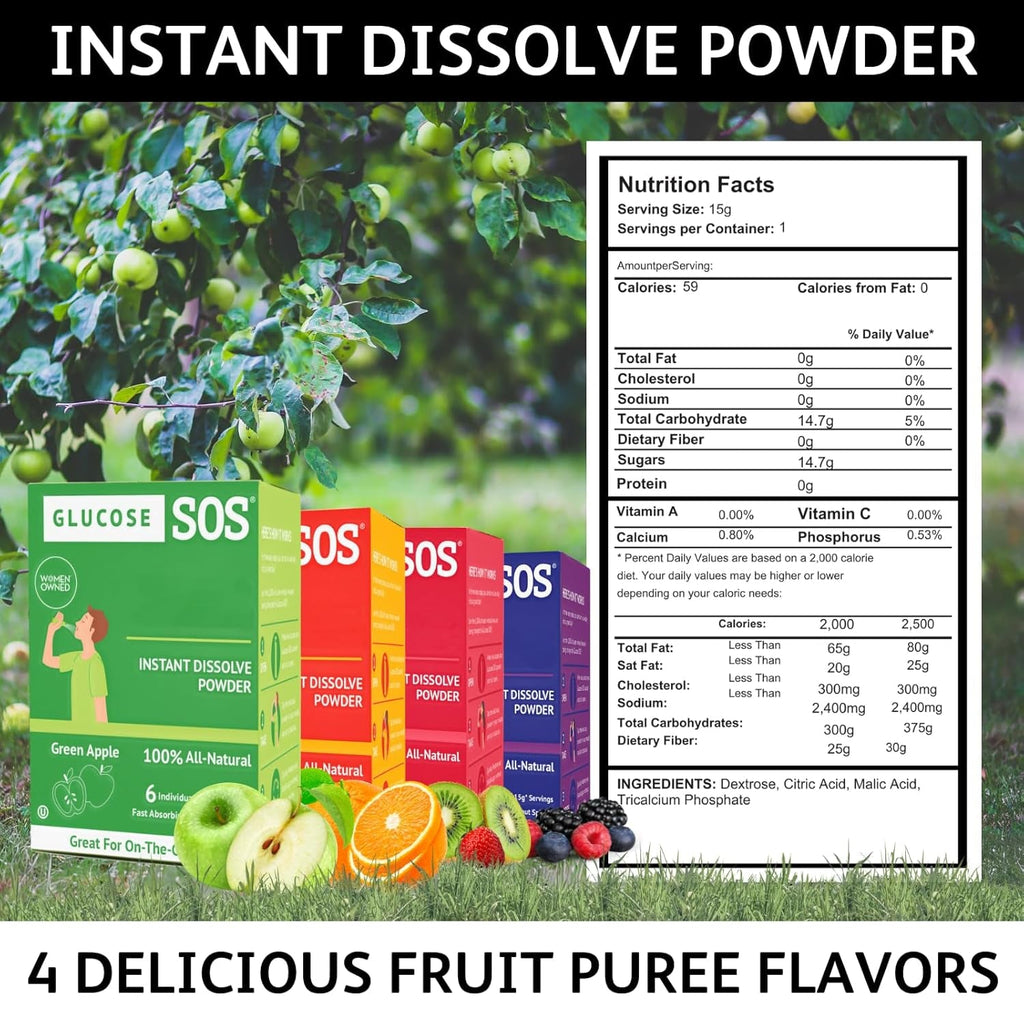 Glucose SOS Glucose Powder Packets with Natural Dextrose, Fast-Absorption That Instantly Dissolves in Your Mouth with No Water Needed, Kiwi Strawberry 6 Servings