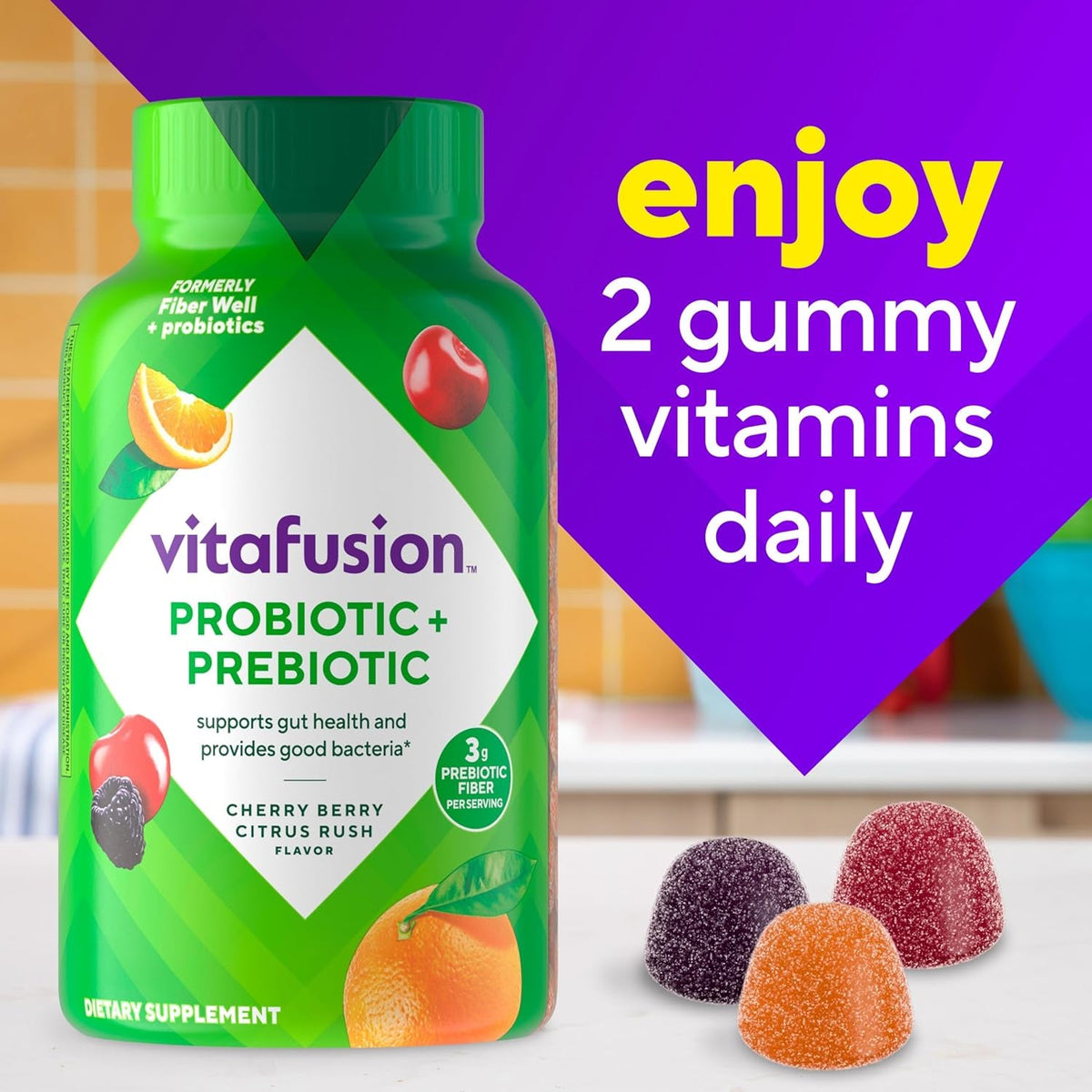 Vitafusion Probiotic + Prebiotic Fiber Gummies for Adults, Probiotic Supplement with Prebiotic Fiber to Support Gut Health and Provide Good Bacteria (1), Cherry Berry Citrus Rush Flavor, 60 Count