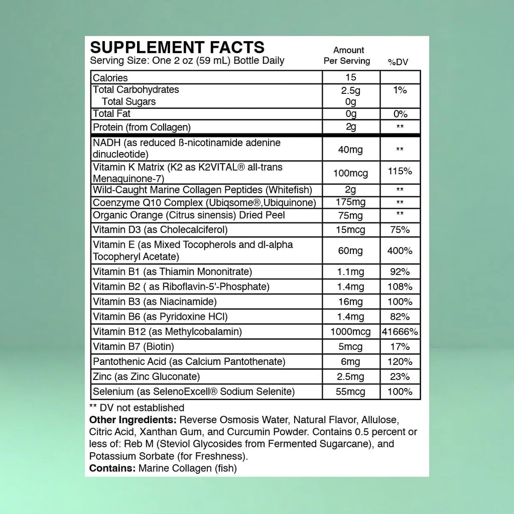 Strong Cell | Cellular Function Booster Liquid | NADH, Coq10, Collagen. 90+% Absorption Rate. Vitamins B1, B2, B3, B6, B7, and B12. Vitamin K2 | 30 Count.