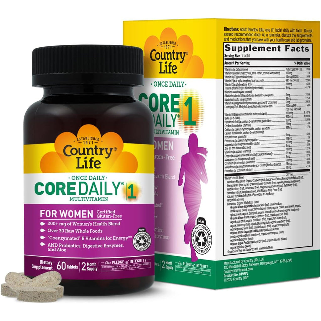 Country Life Women’S Core 1 Daily Multivitamin with Iron, Cranberry, Probiotics, and Digestive Enzymes-Certified Gluten-Free Formula for Energy, Immune Support and Complete Digestive Health,60 Tablets