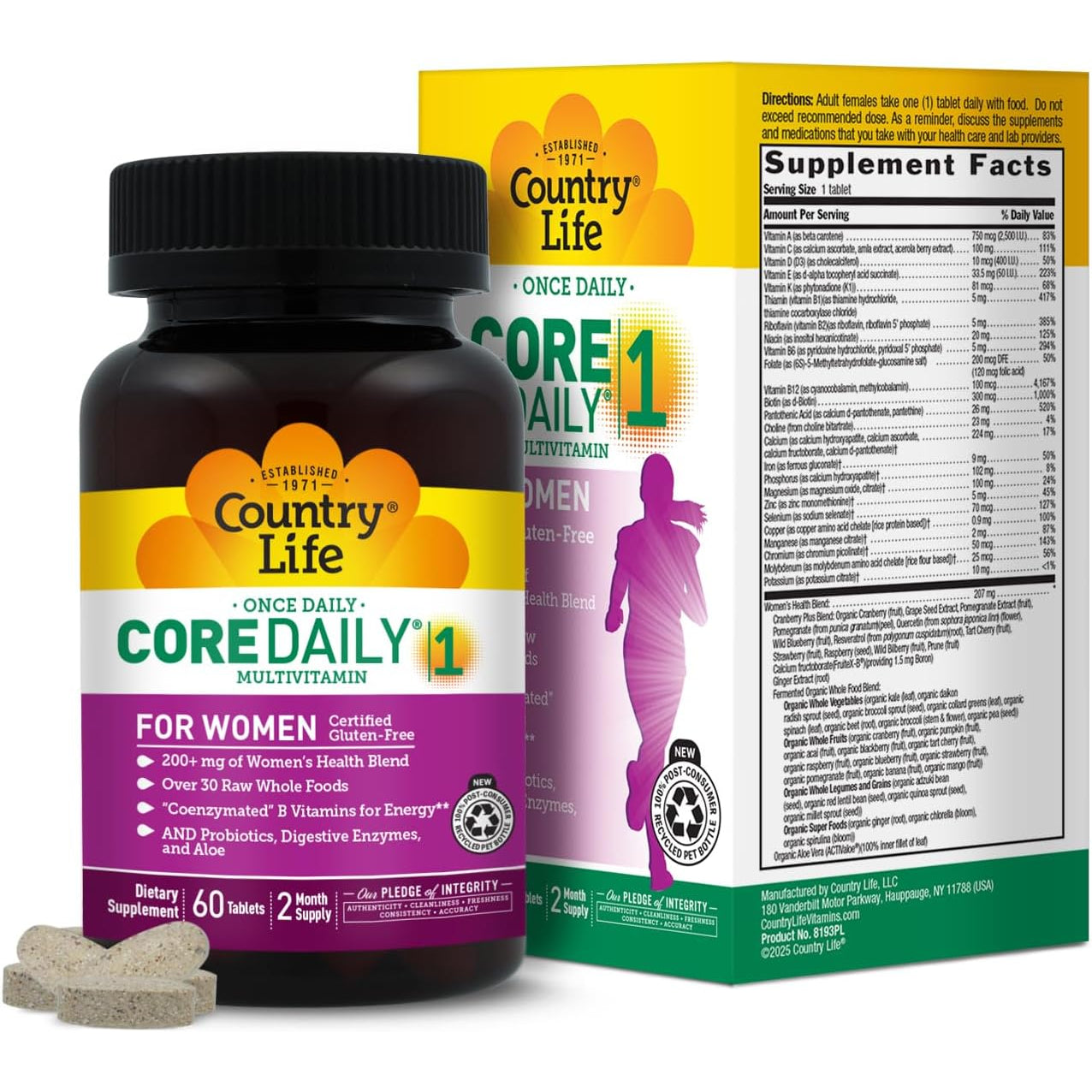 Country Life Women’S Core 1 Daily Multivitamin with Iron, Cranberry, Probiotics, and Digestive Enzymes-Certified Gluten-Free Formula for Energy, Immune Support and Complete Digestive Health,60 Tablets