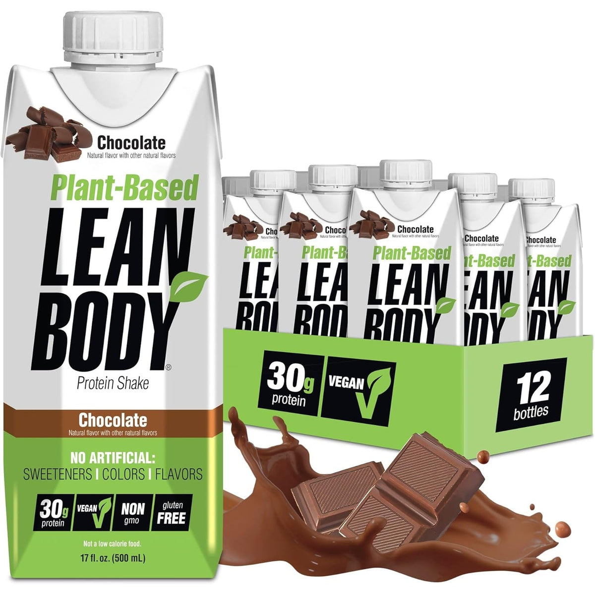 Lean Body Ready-To-Drink, Plant-Based Vegan Chocolate Protein Shake, 30G Protein, No Artificial Flavors, Sweeteners or Colors, Non GMO, Gluten Free, Premium Pea & Rice Blend (Pack of 12)