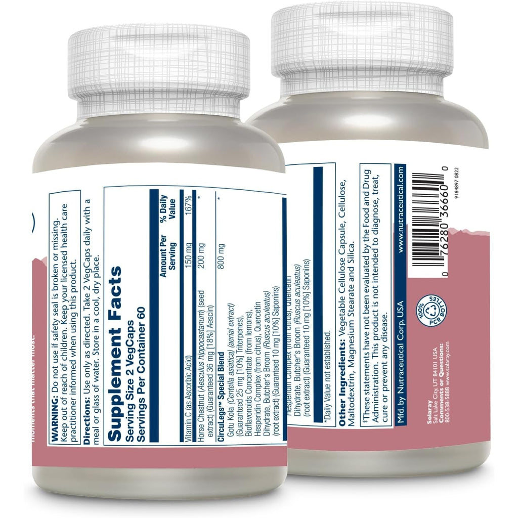 SOLARAY Circulegs - Herbal Supplements for Wellness Support W/Horse Chestnut Extract and Vitamin C, plus Gotu Kola, Flavonoids, Hesperidin Blend - Vegan, Gluten Free, 60-Day Guarantee - 60 Servings