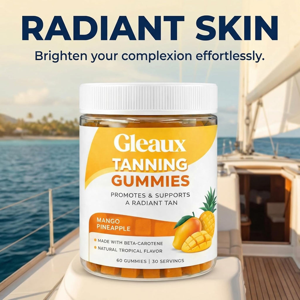 Gleaux Tanning Gummies, Tanning Gummies for Women, Sunless Radiance Support with Beta Carotene, Astaxanthin & Lycopene, for Skin Health & Complexion Support, Mango Pineapple Flavor, 60 Gummies