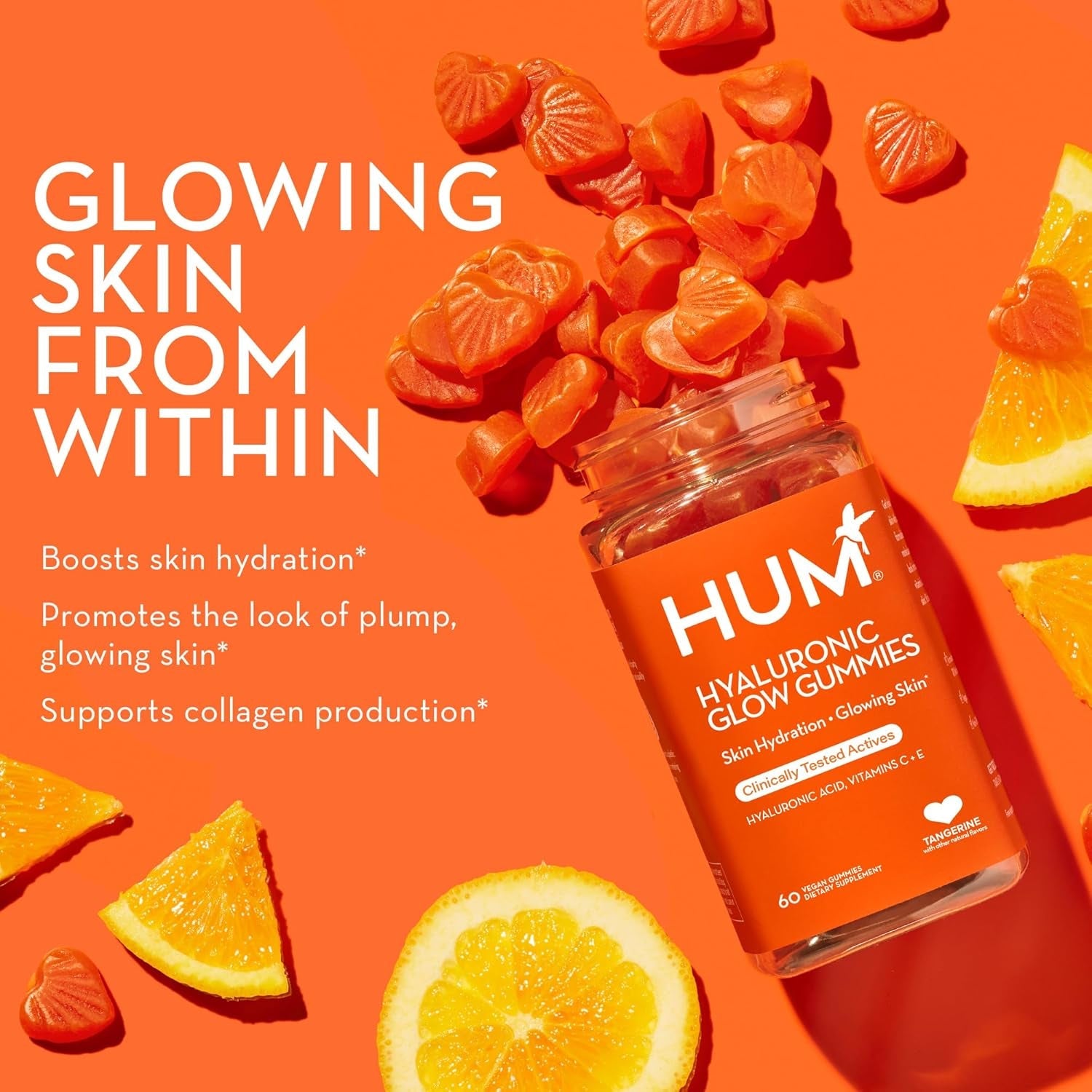 HUM Hyaluronic Glow Hydrating Skin Care Supplement, with Low Molecular Hyaluronic Acid, Vitamin C from Amla Fruit, and Vitamin E, Antioxidant Support for Skin Hydration, Tangerine, 60 Vegan Gummies