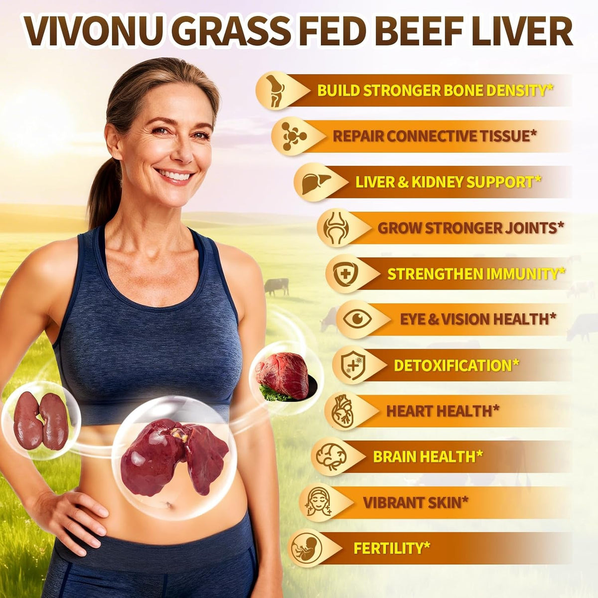 Vivonu Beef Organ Supplement for Women, per Serving Beef Organs with Bovine Liver, Ovary, Uterus, Kidney, Heart, Bone & More, 100% Grass Fed, Balance Hormones*, Energy* (180 Capsules)