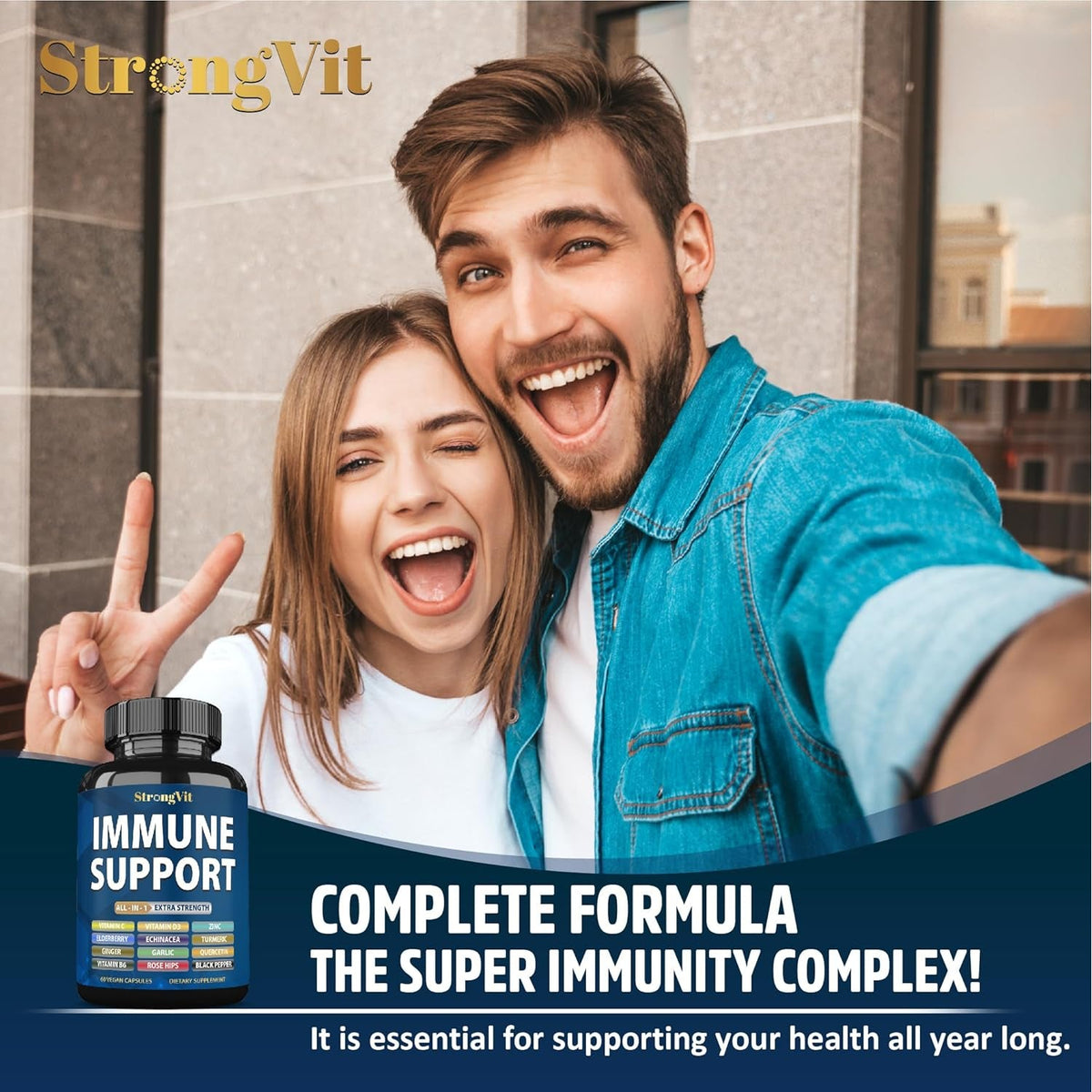 Strongvit Immune Support Supplement 12 in 1 Complex with Vitamin C, D3, Zinc, Echinacea, Elderberry, Ginger, Turmeric. Immune Defend for Men & Women, Non-Gmo, Gluten-Free, Vegan, USA