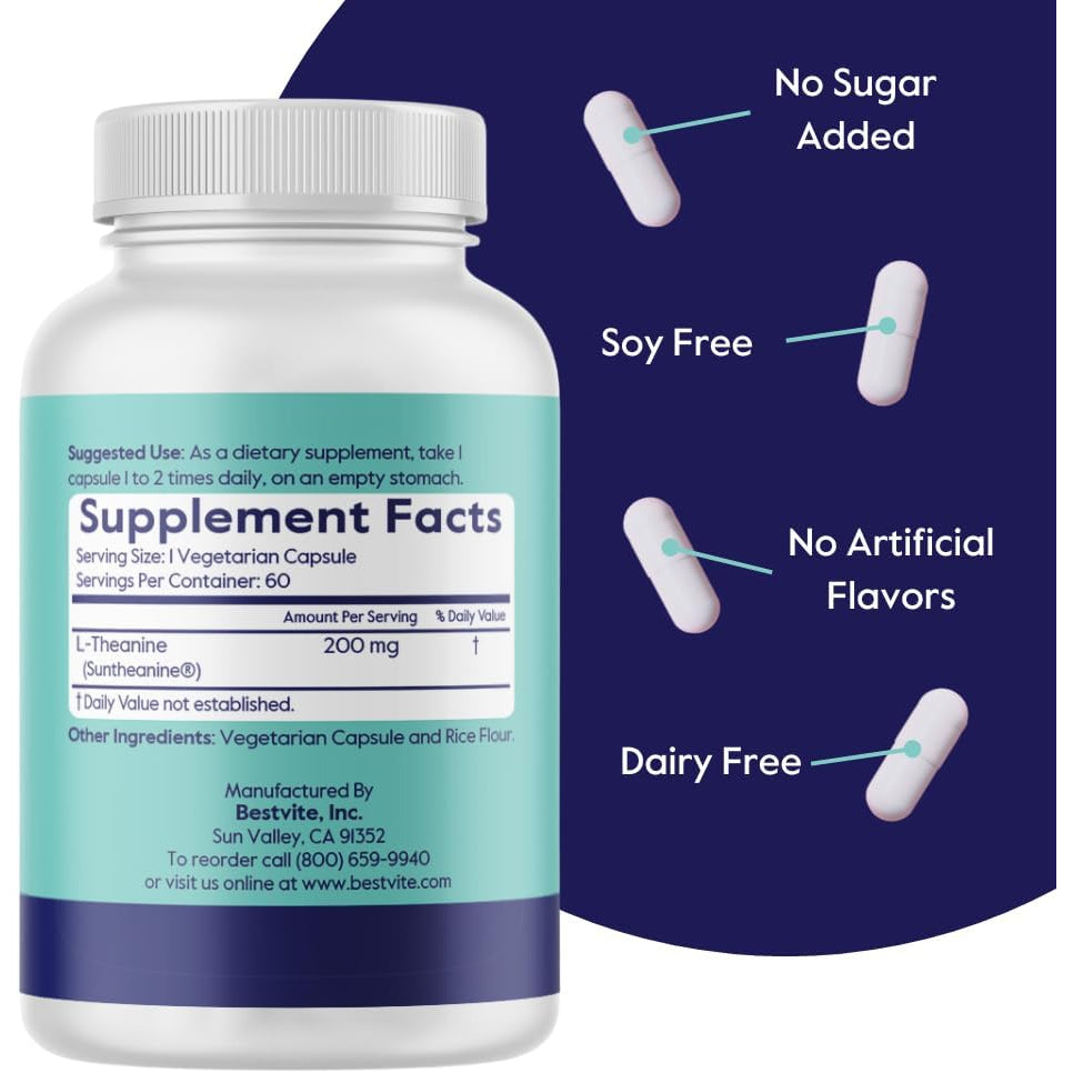 BESTVITE Double Strength Suntheanine L-Theanine 200Mg – Patented & Clinically Studied – 60 Vegetarian Capsules – Vegan – No Stearates – Non GMO – Gluten Free – Relaxation Support