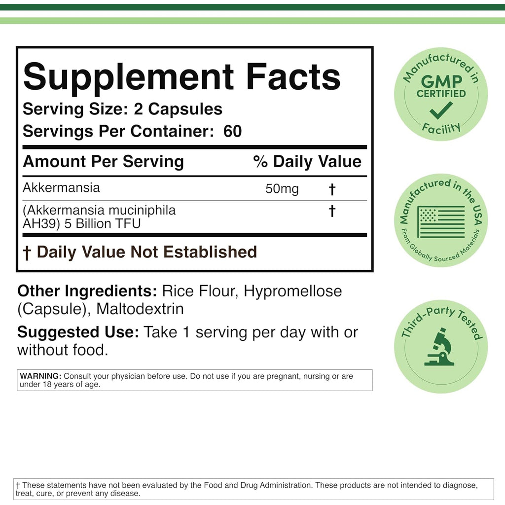 Akkermansia Probiotic and Postbiotic (Increases GLP-1 Production) 120 Capsules, 50Mg per Serving (Third Party Tested to 5 Billion TFU per Serving, 50 Billion CFU per Gram) by Double Wood