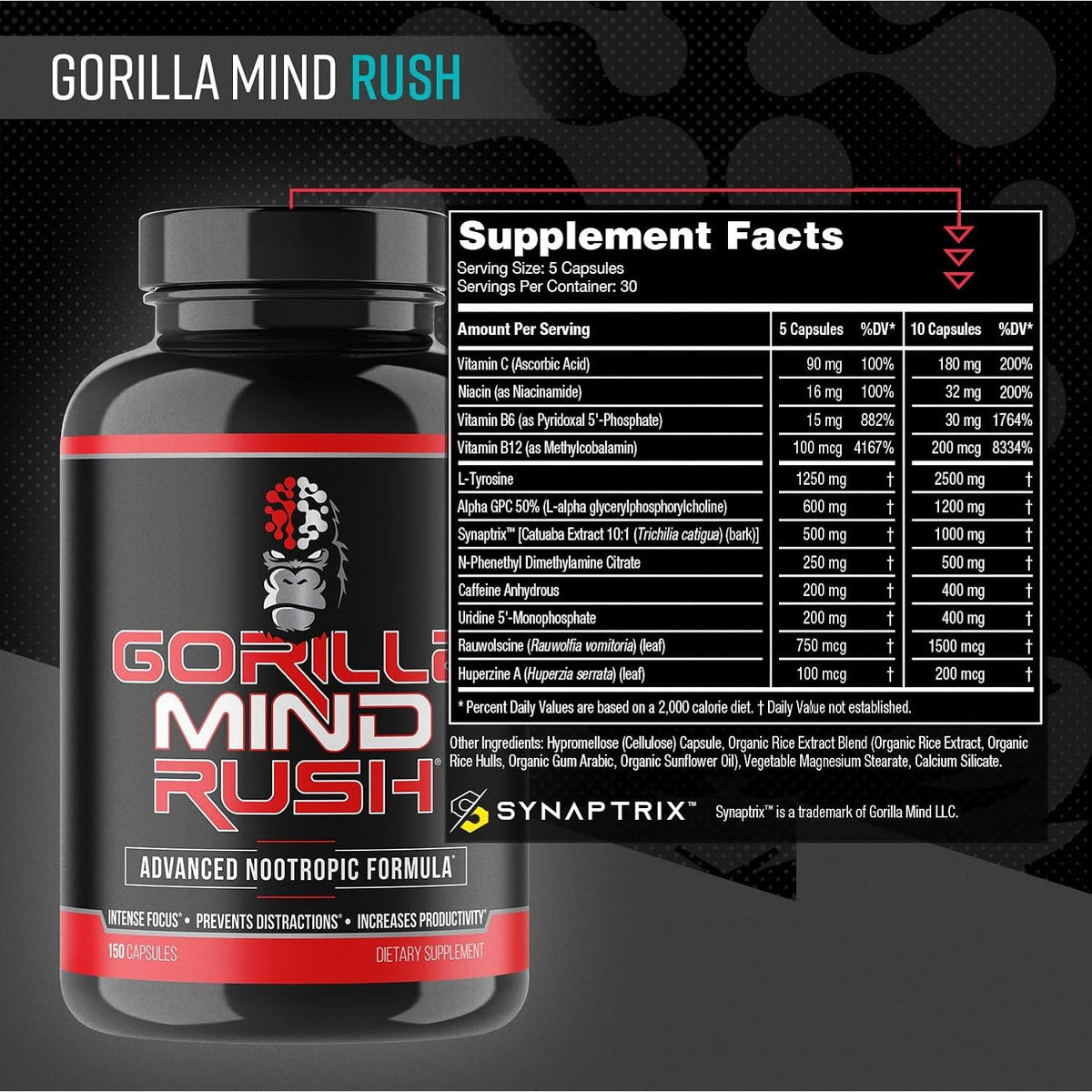 Gorilla Mind Rush - Nootropic Supplement | Intense Focus · Insane Productivity Cognitive Health Support, Memory, Focus, Concentration, Clarity | 150 Capsules