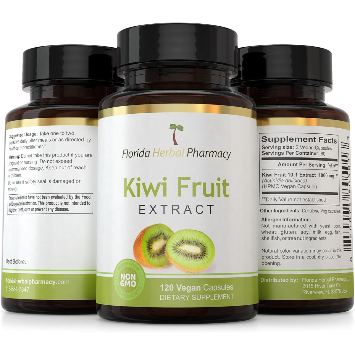 Florida Herbal Pharmacy, Kiwi Fruit Extract Supplement Capsules 10:1 (120 Capsules) Two Months Supply