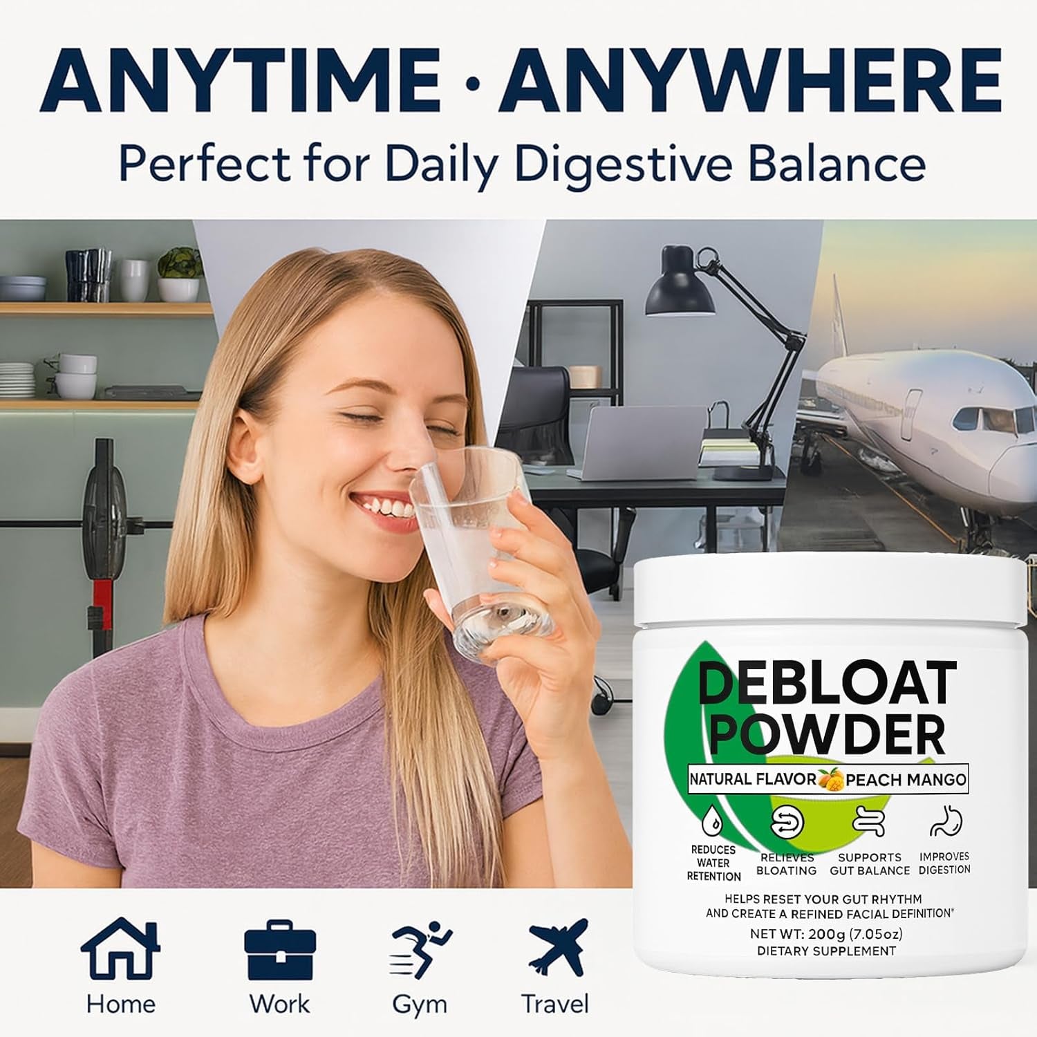 Debloat Powder for Supports Digestive Comfort & Bloating Relief, Digestive Enzymes for Women & Men, Rich in Vitamin C, Dandelion Root, Horsetail Extract, Non GMO, Peach Mango, 200G / 7.05OZ