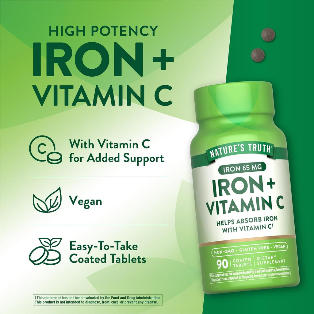 Nature'S Truth Iron plus Vitamin C Tablets | 65Mg of Iron | 90 Count | High Potency | Vegan, Non-Gmo & Gluten Free Supplement