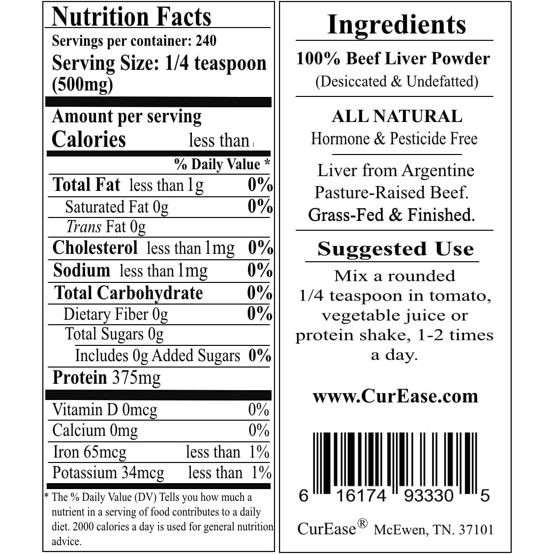 Curease Beef Liver Powder - Argentine Grass Fed & Finished - Undefatted - 4.2 Oz 240 Servings