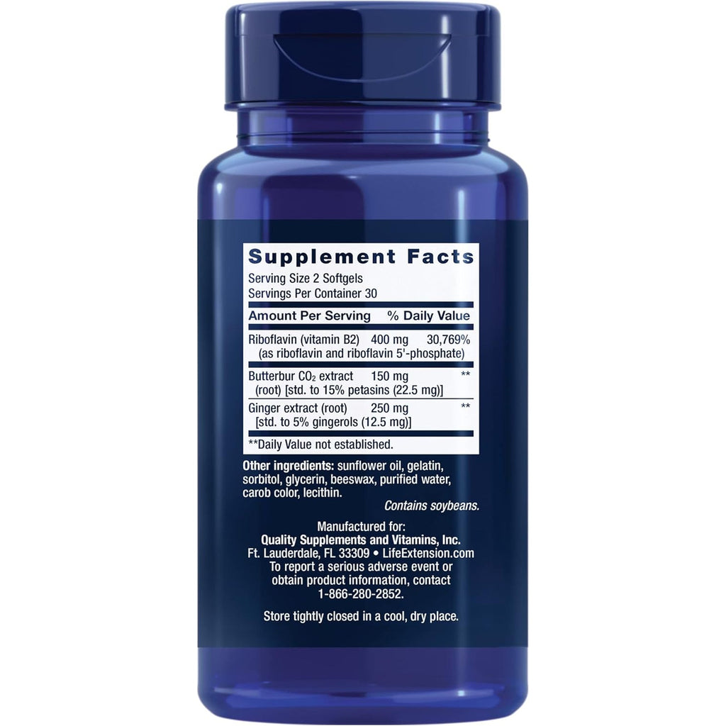 Life Extension Migra-Eeze - Butterbur Root Extract with Vitamin B2 (Riboflavin) & Ginger Supplement - Formula to Ease Head Discomfort - Gluten-Free — 60 Softgels