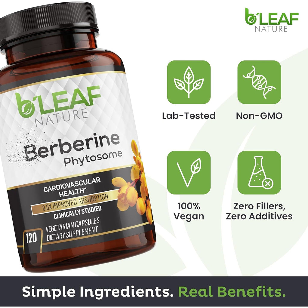 B’Leaf Nature Berberine Phytosome, 120 Capsules – 1100Mg Berberine Supplement for Metabolic and Cardiovascular Support – Vegan, Gluten-Free, Non-Gmo Berberine Phytosome Capsules for Immune Wellness