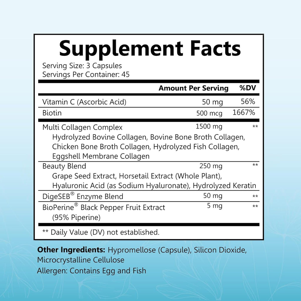 Bioschwartz Hydrolyzed Collagen Peptide Capsules - Multi Collagen Supplements for Women Types I, II, III, V, X with Vitamin C, Biotin, Keratin and Hyaluronic Acid for Skin, Hair & Nails - 135Ct