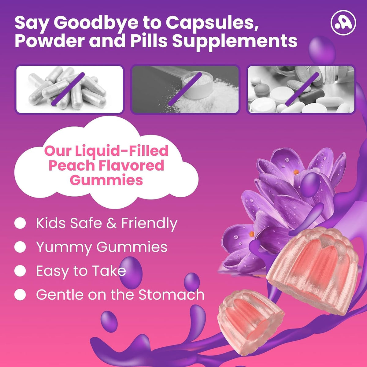 Aube'Azur Saffron Gummies for Kids, 15-In-1 Saffron Supplements for Kids, with B6, B12, C, D3, Magnesium Glycinate, Zinc for Nerve, Rest, Focus, Sugar Free, Vegan, Non- GMO, Peach Flavor, 60 Count