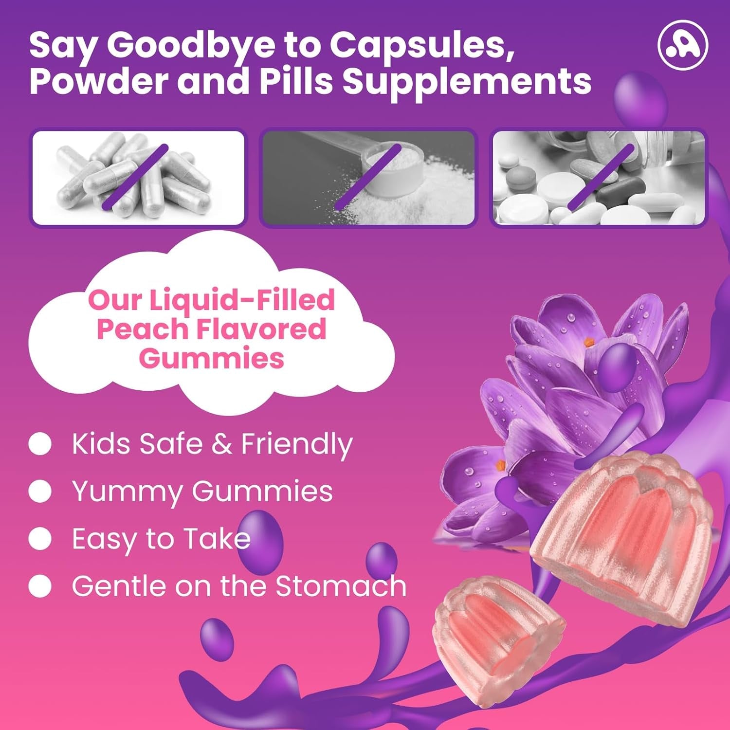 Aube'Azur Saffron Gummies for Kids, 15-In-1 Saffron Supplements for Kids, with B6, B12, C, D3, Magnesium Glycinate, Zinc for Nerve, Rest, Focus, Sugar Free, Vegan, Non- GMO, Peach Flavor, 60 Count