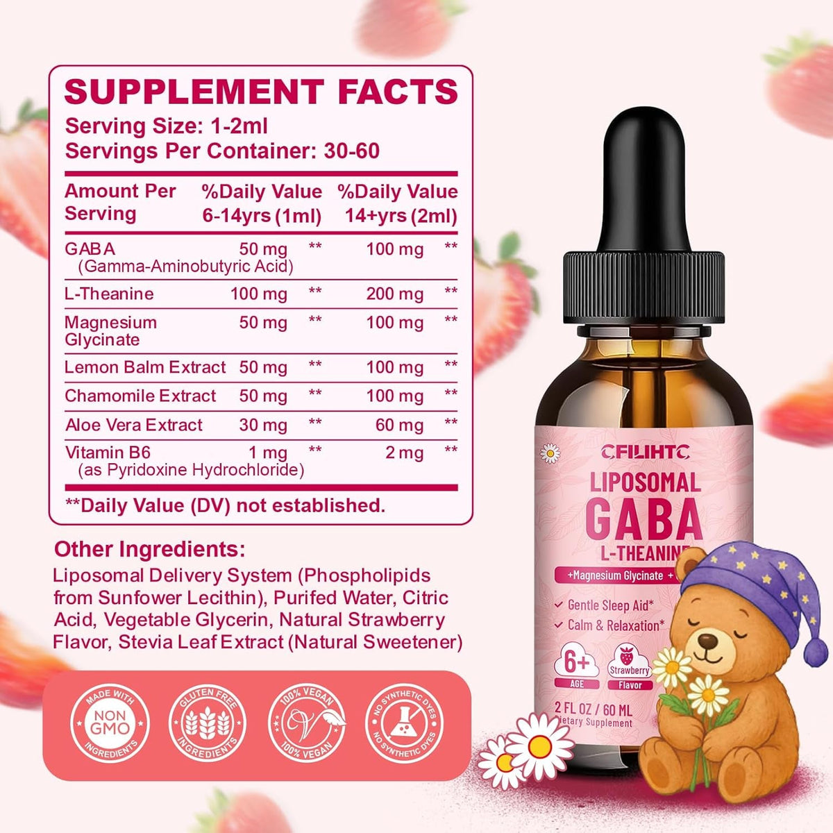 Liposomal GABA L-Theanine Drops for Kids - Liquid GABA Supplement with Magnesium, Chamomile, Lemon Balm & Vitamin B6 - Support Relaxation, Focus & Stress Relief for Kids & Adults - Strawberry Flavor