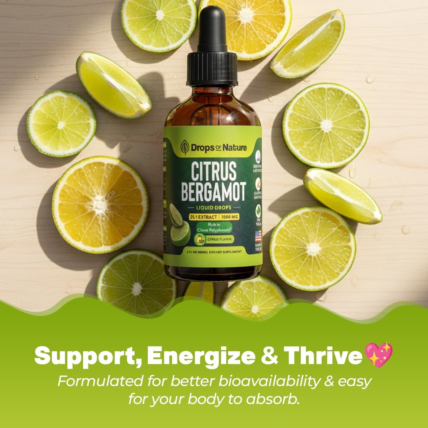 Citrus Bergamot Extract 25:1 Liquid Drops – Vegan, Gluten-Free – Comparable to Resveratrol and Berberine Supplement – 1000Mg Bergamot Supplement for Heart Wellness and Metabolic Support (Citrus,60Ml)