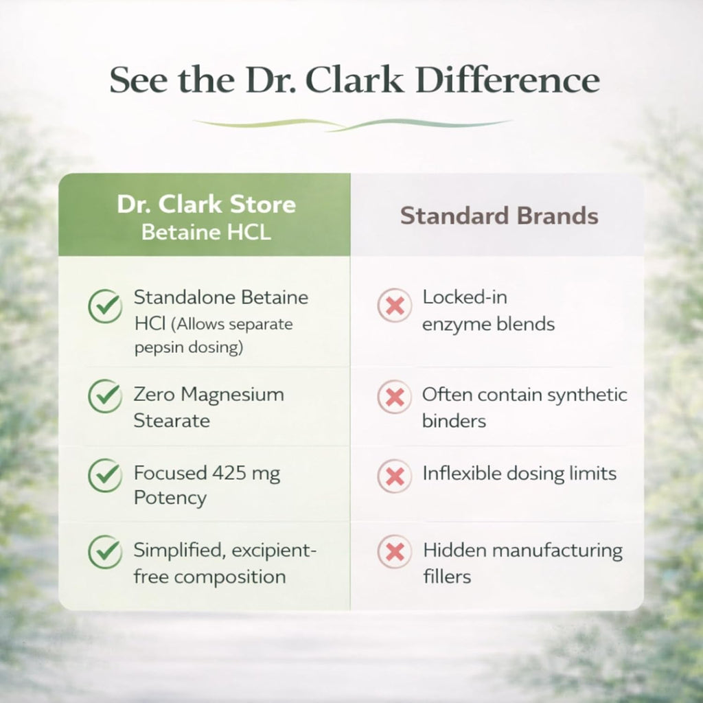 Dr. Clark Betaine HCL Digestive Enzymes - Acid Reflux Medicine, Hydrochloric Acid Protein Supplement, Optimal Digestion Formula, 100 Gelatin Capsules, 425 Mg