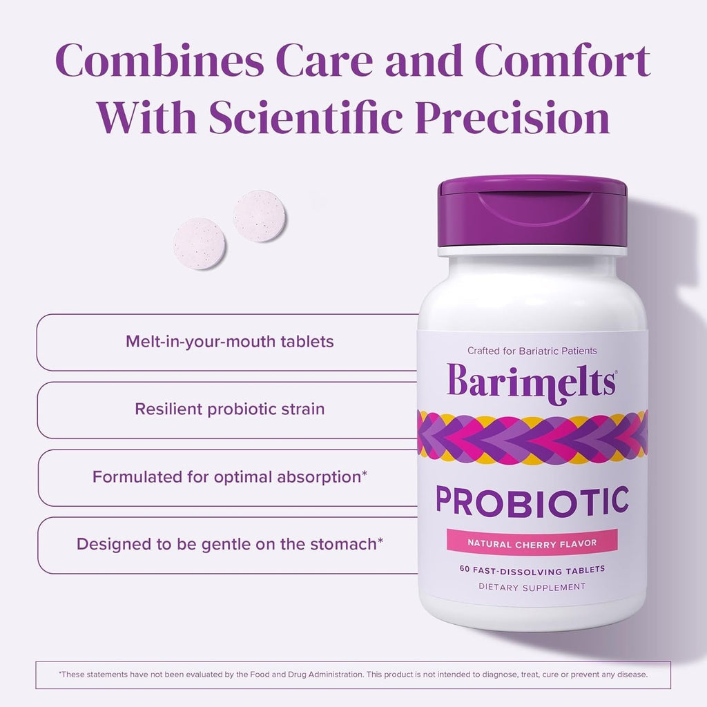 Barimelts Probiotic, 5 Billion CFU - 60 Fast-Dissolving Tablets (2-Month Supply) - Sugar-Free Probiotics for Women, Support Gut Health after Bariatric Surgery, Natural Cherry Flavor