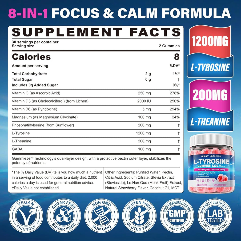 L Tyrosine Gummies Supplement 1200Mg, GABA L-Theanine Supplement 200Mg with Magnesium Glycinate Vitamin B6, D3 & C - Calm & Focus Gummies - Brain Supplements for Memory, Mood & Relax for Adults, 60Cts