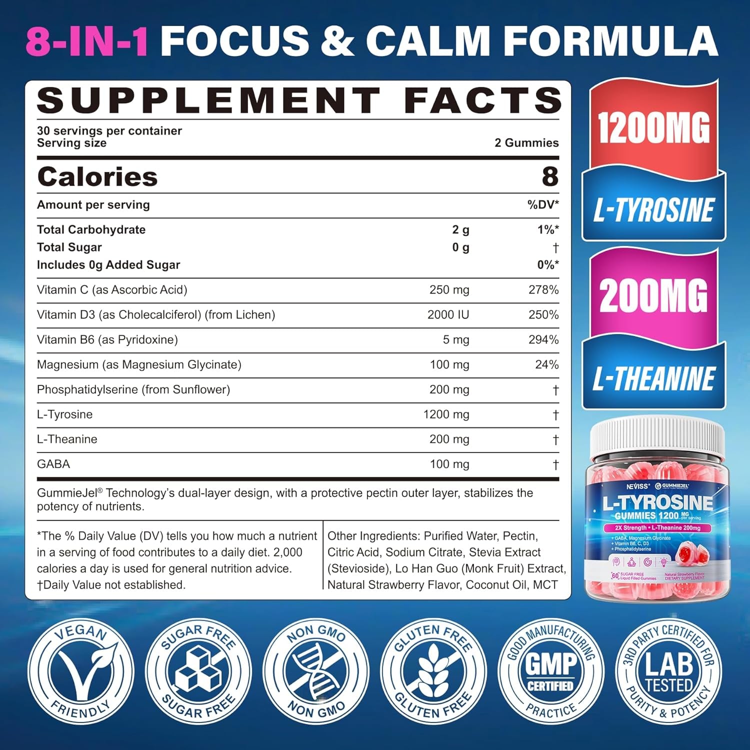 L Tyrosine Gummies Supplement 1200Mg, GABA L-Theanine Supplement 200Mg with Magnesium Glycinate Vitamin B6, D3 & C - Calm & Focus Gummies - Brain Supplements for Memory, Mood & Relax for Adults, 60Cts